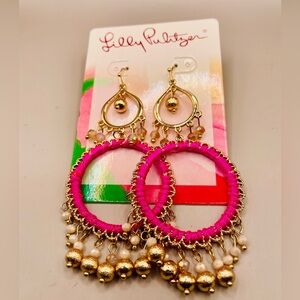 Lilly Pulitzer gold tone hoop with pink thread and gold bead dangles. Glam. NWT